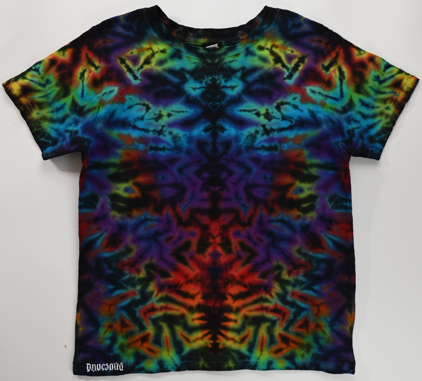 Child Size 7 Blacked Out Rainbow Rorschach Scrunch Tie Dye on a Rabbit Skins Cotton T-Shirt