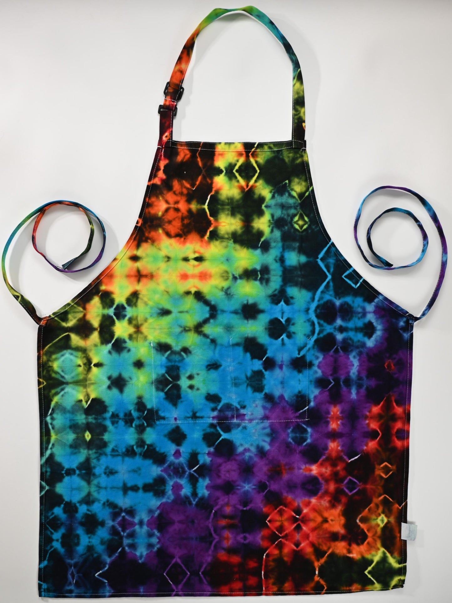 Adjustable Blacked Out Rainbow Glitch Tie Dye on a Jubatus Cotton Chef Apron w/ 2 Pockets