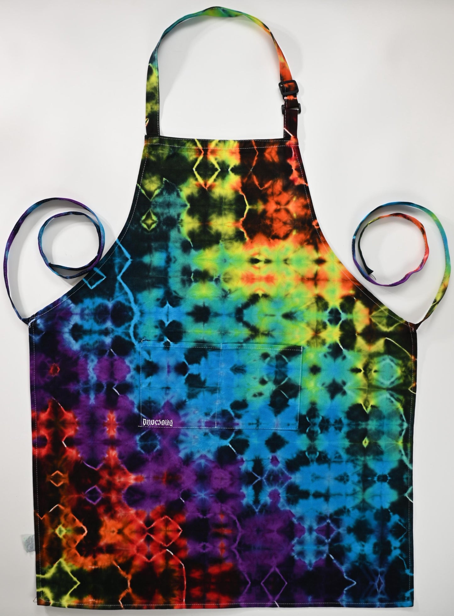 Adjustable Blacked Out Rainbow Glitch Tie Dye on a Jubatus Cotton Chef Apron w/ 2 Pockets