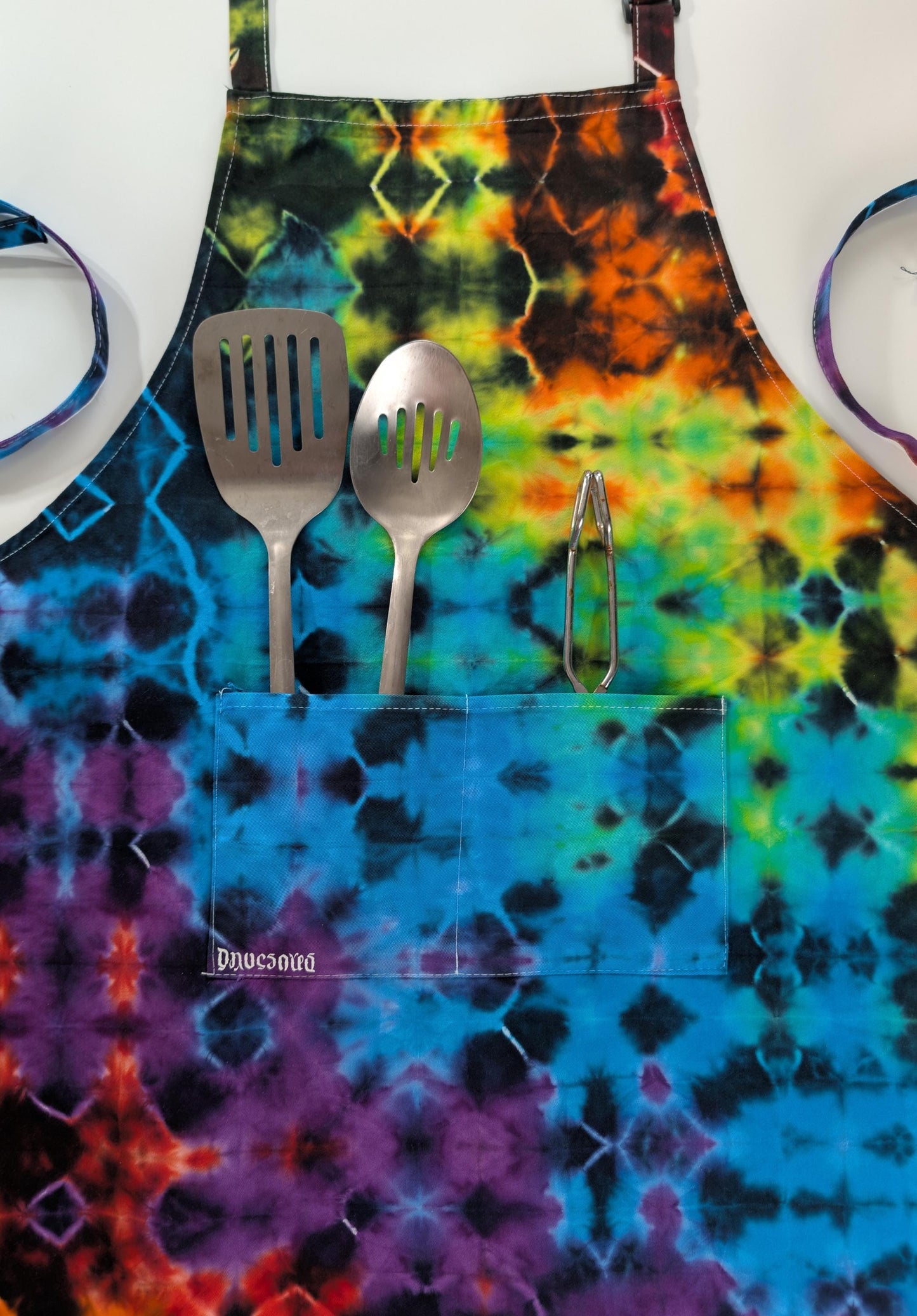 Adjustable Blacked Out Rainbow Glitch Tie Dye on a Jubatus Cotton Chef Apron w/ 2 Pockets