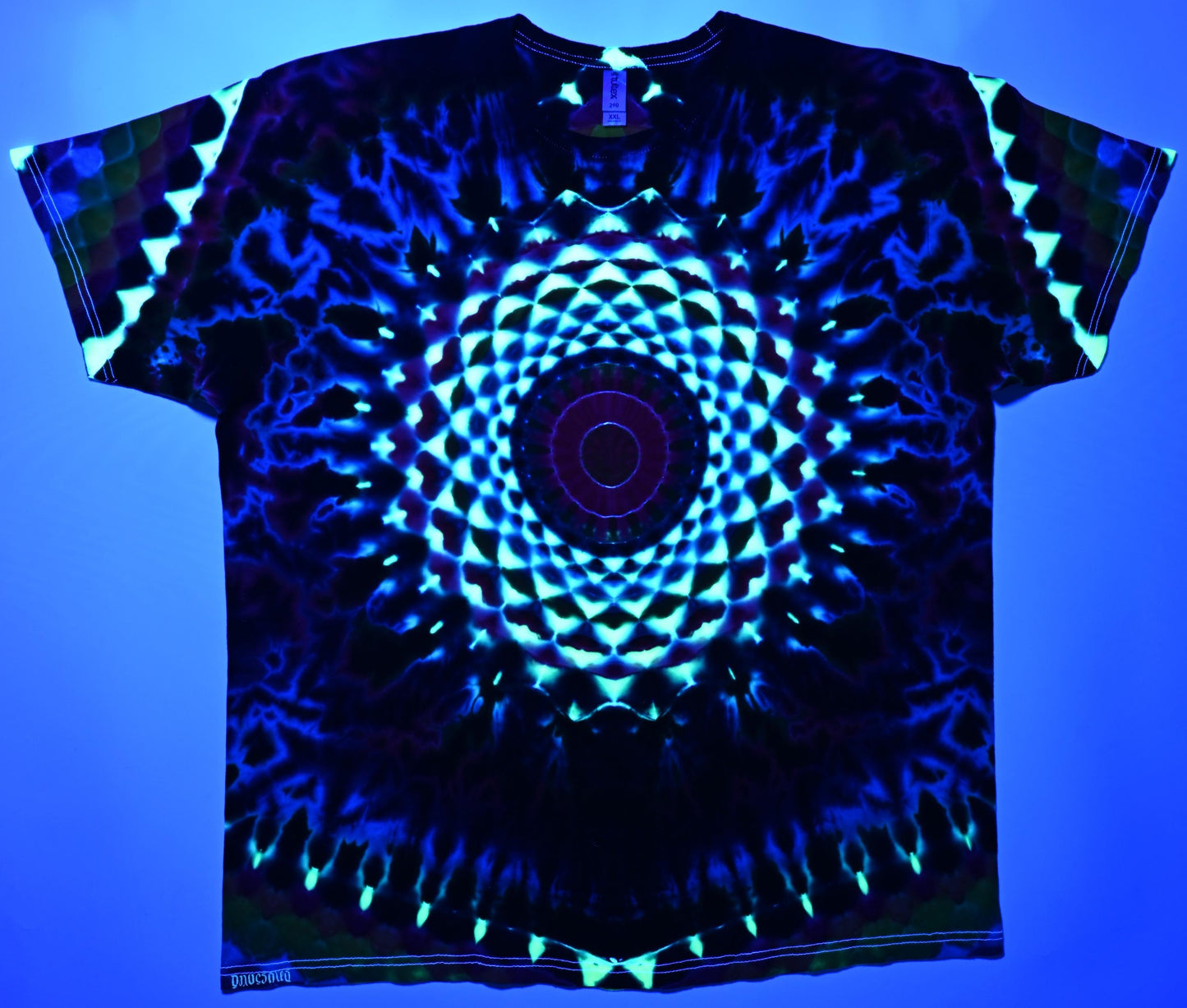 2X Heady UV Reactive 20Pt Mandala w/DNA Sunburst Cntr Frnt/Wrap Around Geometric Tower Bck/Triangle Slvs/Scrunch Tie Dye on a Tultex T-Shirt