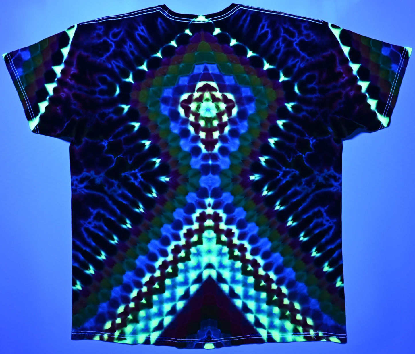 2X Heady UV Reactive 20Pt Mandala w/DNA Sunburst Cntr Frnt/Wrap Around Geometric Tower Bck/Triangle Slvs/Scrunch Tie Dye on a Tultex T-Shirt