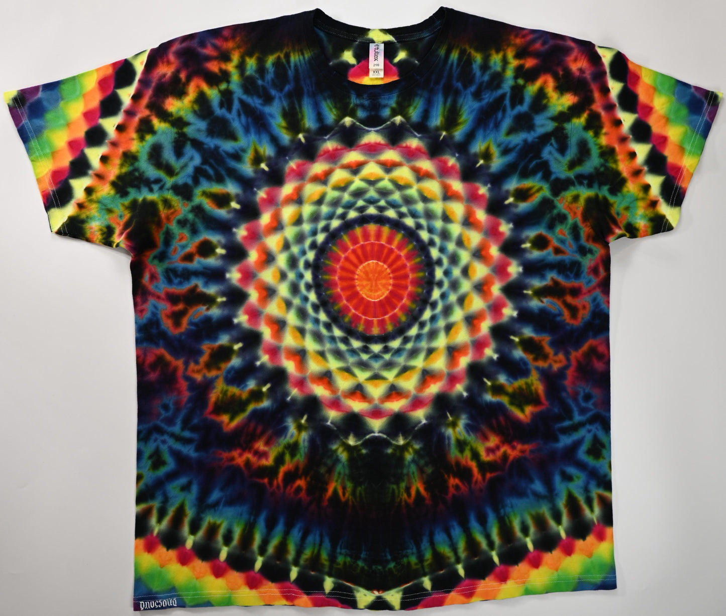 2X Heady UV Reactive 20Pt Mandala w/DNA Sunburst Cntr Frnt/Wrap Around Geometric Tower Bck/Triangle Slvs/Scrunch Tie Dye on a Tultex T-Shirt