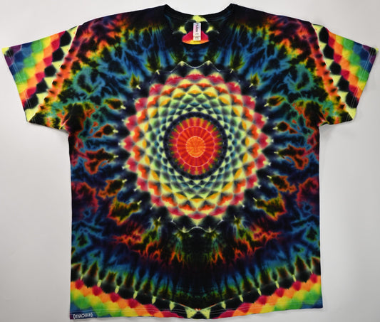 2X Heady UV Reactive 20Pt Mandala w/DNA Sunburst Cntr Frnt/Wrap Around Geometric Tower Bck/Triangle Slvs/Scrunch Tie Dye on a Tultex T-Shirt