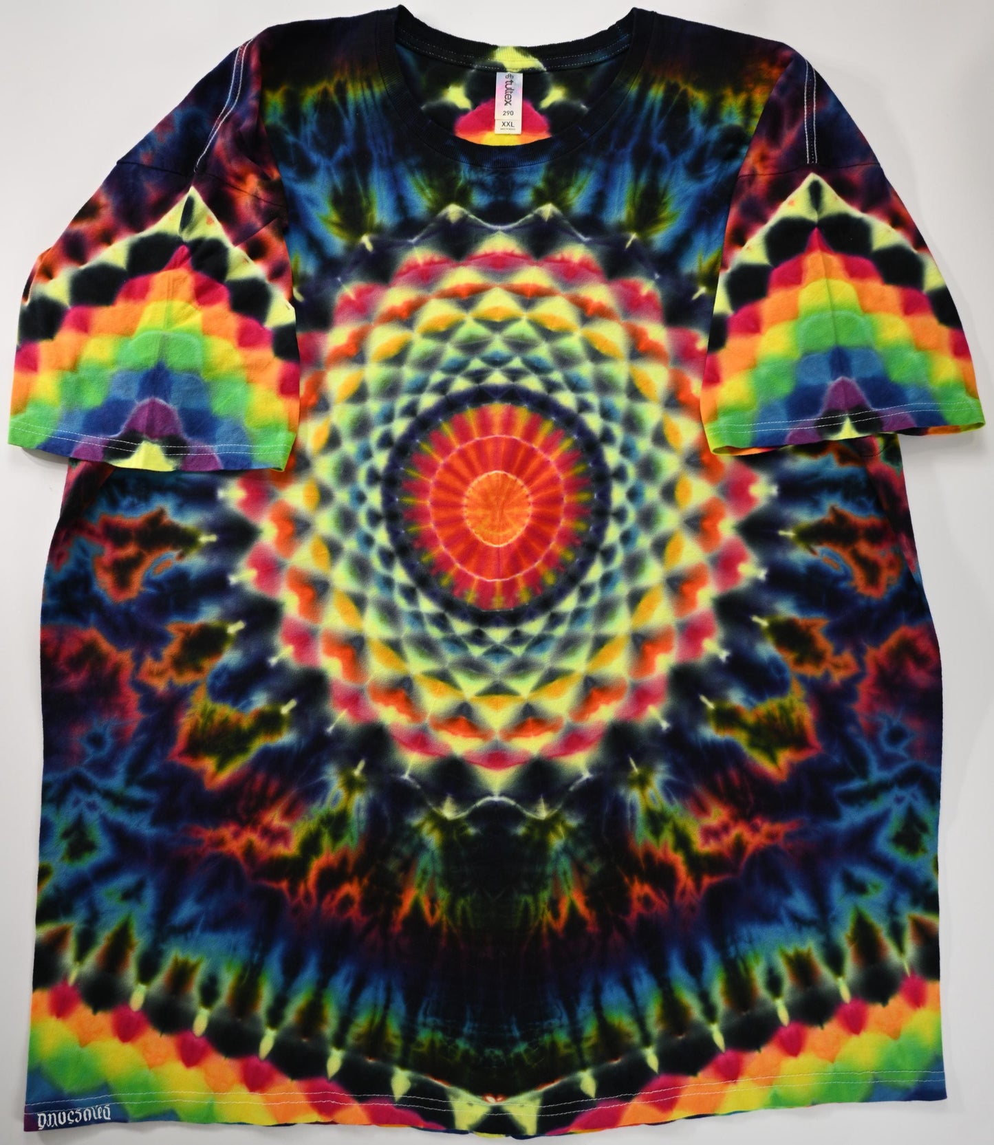 2X Heady UV Reactive 20Pt Mandala w/DNA Sunburst Cntr Frnt/Wrap Around Geometric Tower Bck/Triangle Slvs/Scrunch Tie Dye on a Tultex T-Shirt