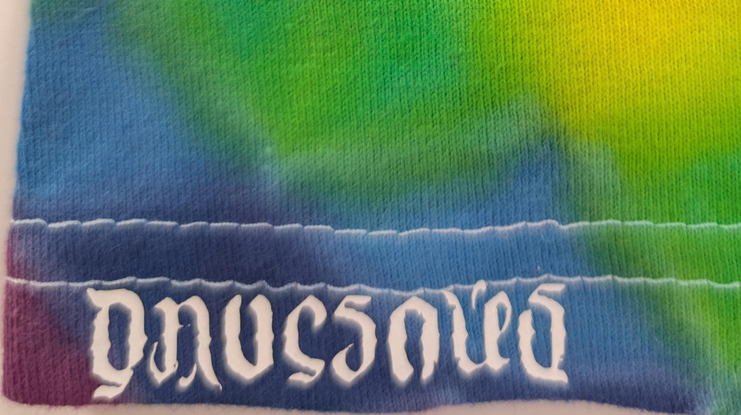 2X Heady UV Reactive 20Pt Mandala w/DNA Sunburst Cntr Frnt/Wrap Around Geometric Tower Bck/Triangle Slvs/Scrunch Tie Dye on a Tultex T-Shirt