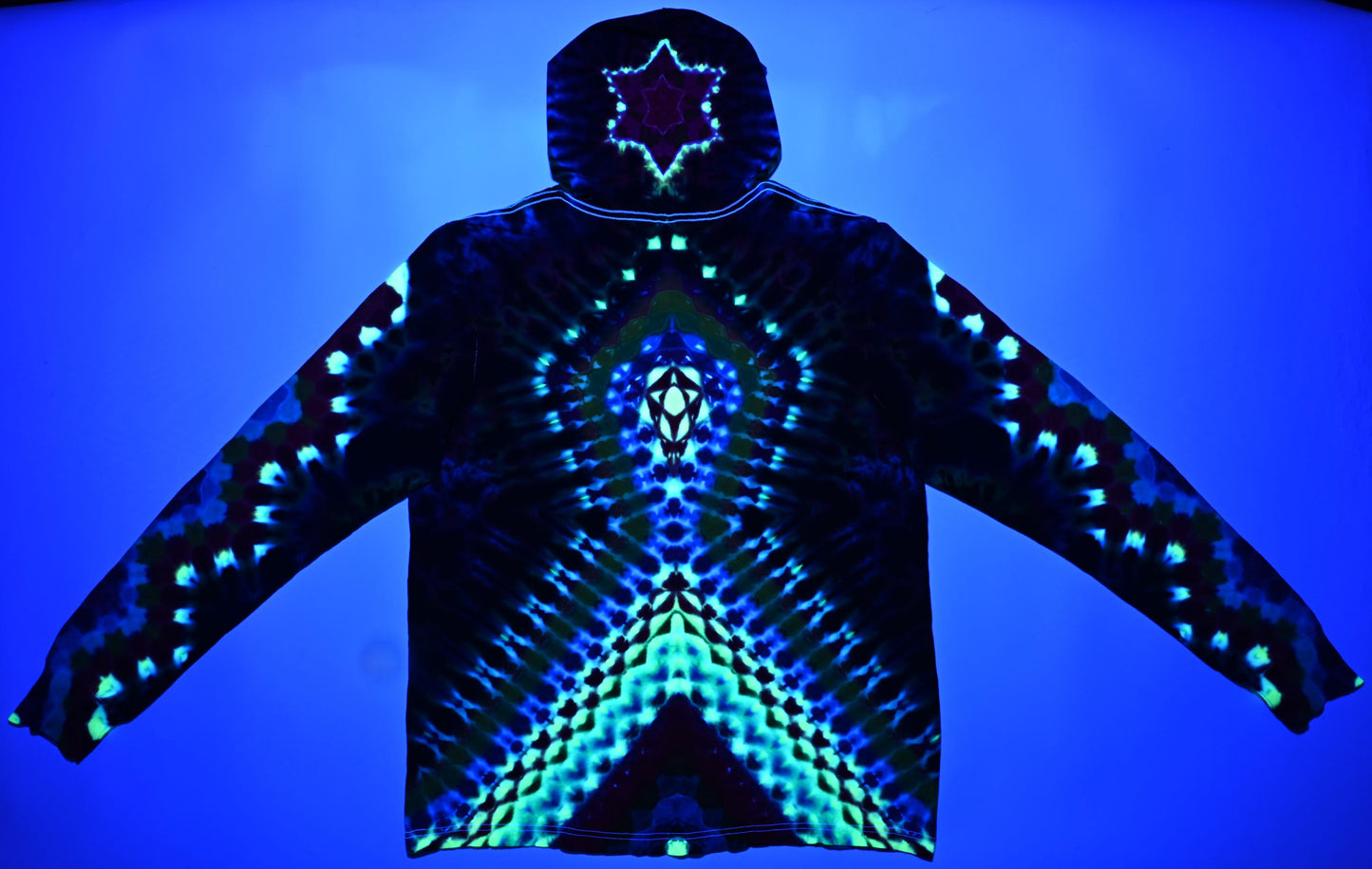 2X Heady UV Reactive 20Pt Mandala Cosmic Egg Cntr/Wrap Around Tower/ZigZag Honeycomb Slvs/Hexagram Hood/Scrunch Tie Dye  Lng-Slv Hoodie*