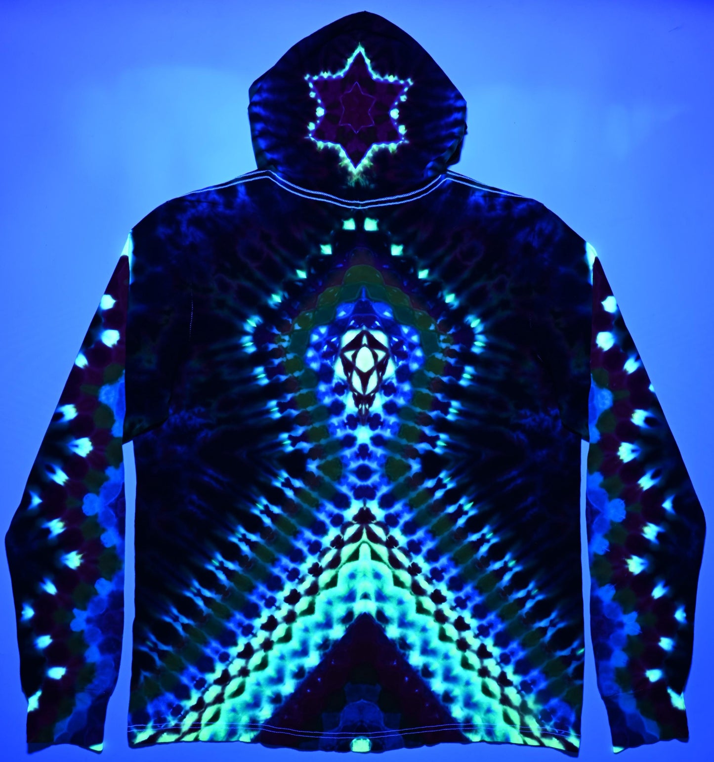 2X Heady UV Reactive 20Pt Mandala Cosmic Egg Cntr/Wrap Around Tower/ZigZag Honeycomb Slvs/Hexagram Hood/Scrunch Tie Dye  Lng-Slv Hoodie*