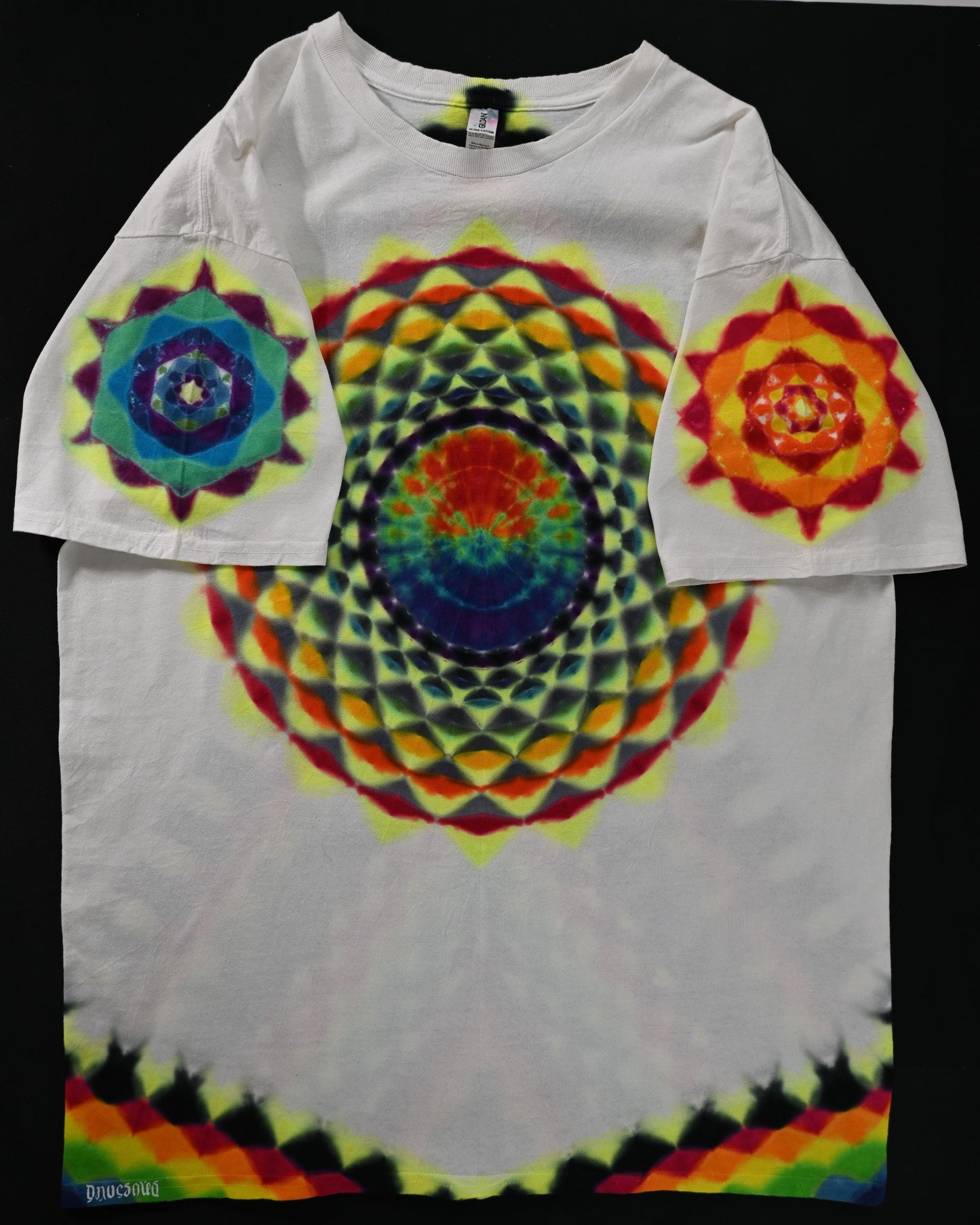 XL Snow White Series UV Reactive 20Pt Mandala w/ Ripple Cntr Frnt/Wrap Around  Tower Bck/ Hexagon Slvs Tie Dye on a Gildan Ultra PFD T-Shirt