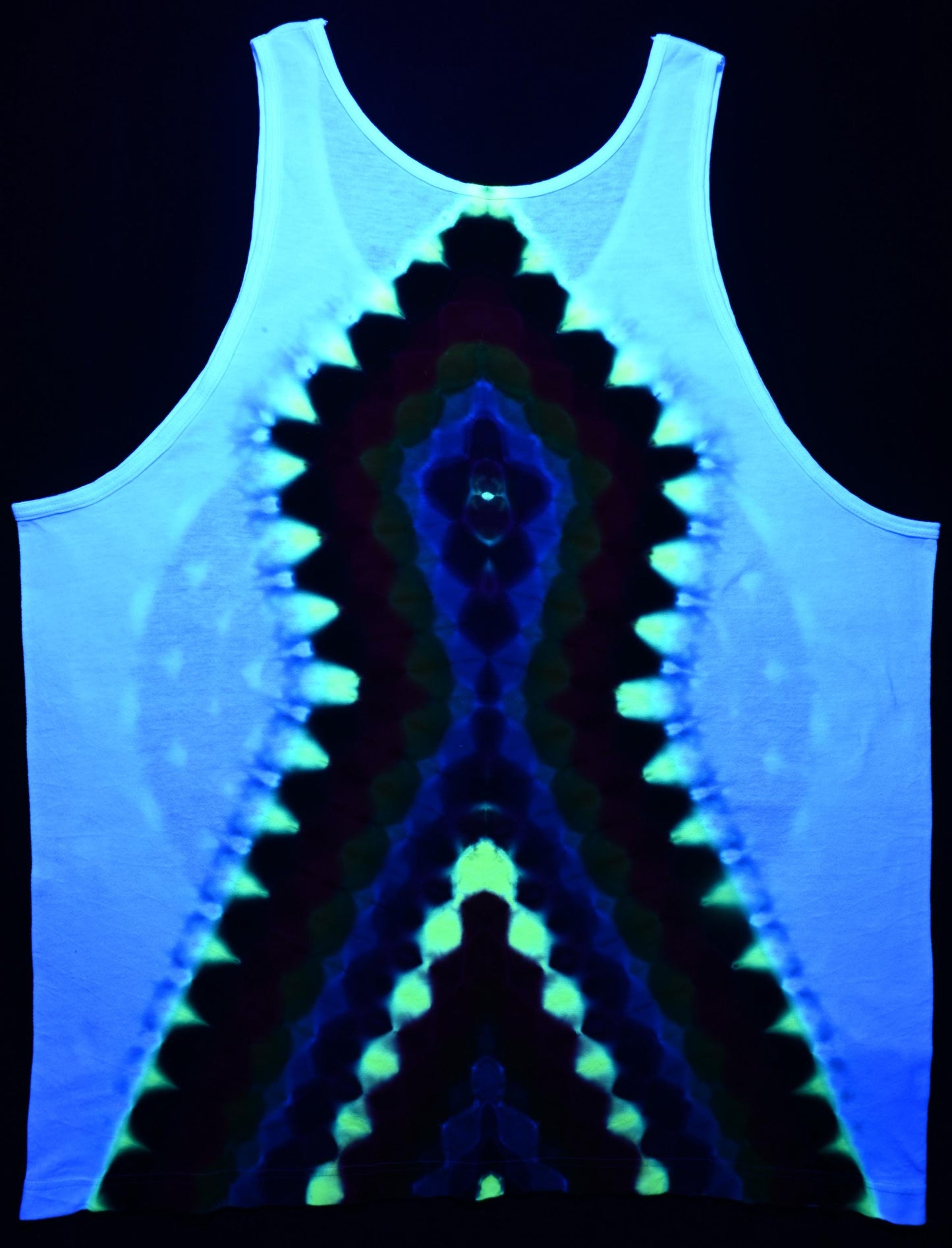 2X “Snow White Series” UV Reactive 20 Pt Mandala w/ Ripple Center Front/Geometric Tower Back Tie Dye on a Tultex 105 Tank Top