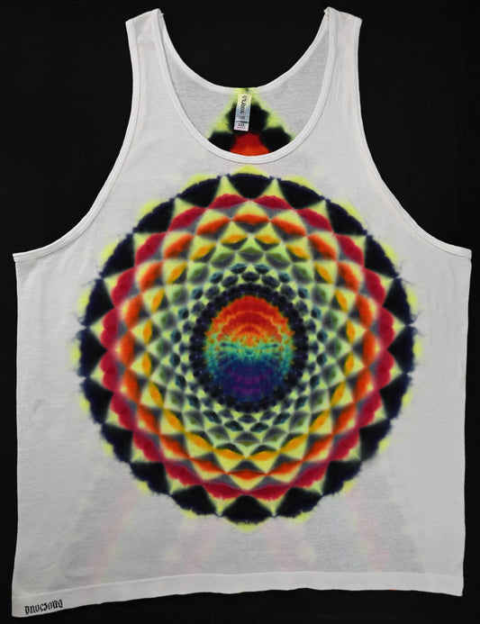 2X “Snow White Series” UV Reactive 20 Pt Mandala w/ Ripple Center Front/Geometric Tower Back Tie Dye on a Tultex 105 Tank Top