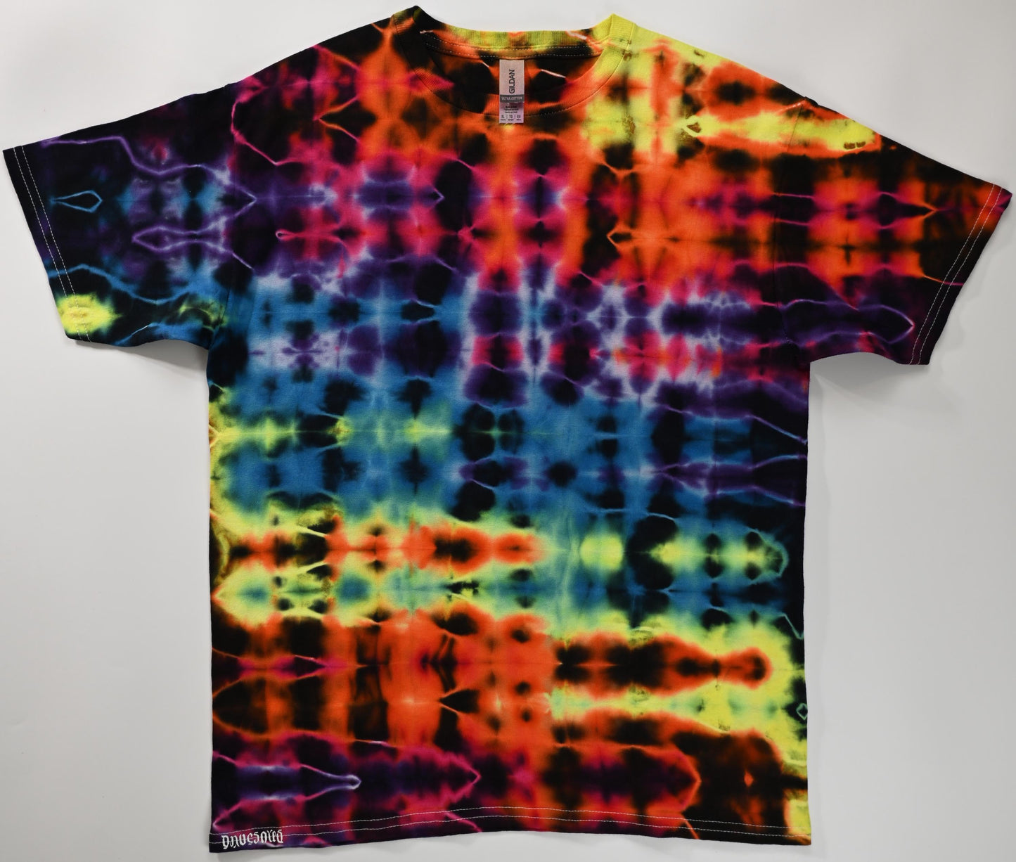 Youth XL Glitch Tie Dye Using My Neon Vortex Color Palette on a Gildan Ultra Cotton Youth T-Shirt