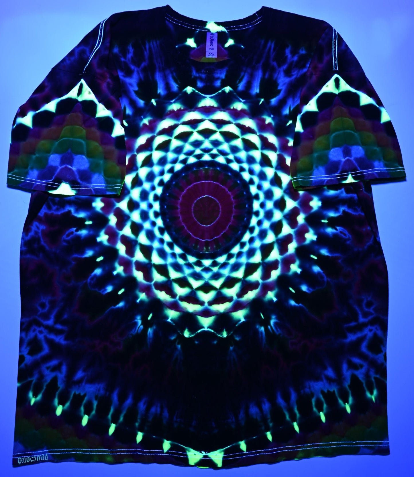 2X Heady UV Reactive 20Pt Mandala w/DNA Sunburst Cntr Frnt/Wrap Around Geometric Tower Bck/Triangle Slvs/Scrunch Tie Dye on a Tultex T-Shirt