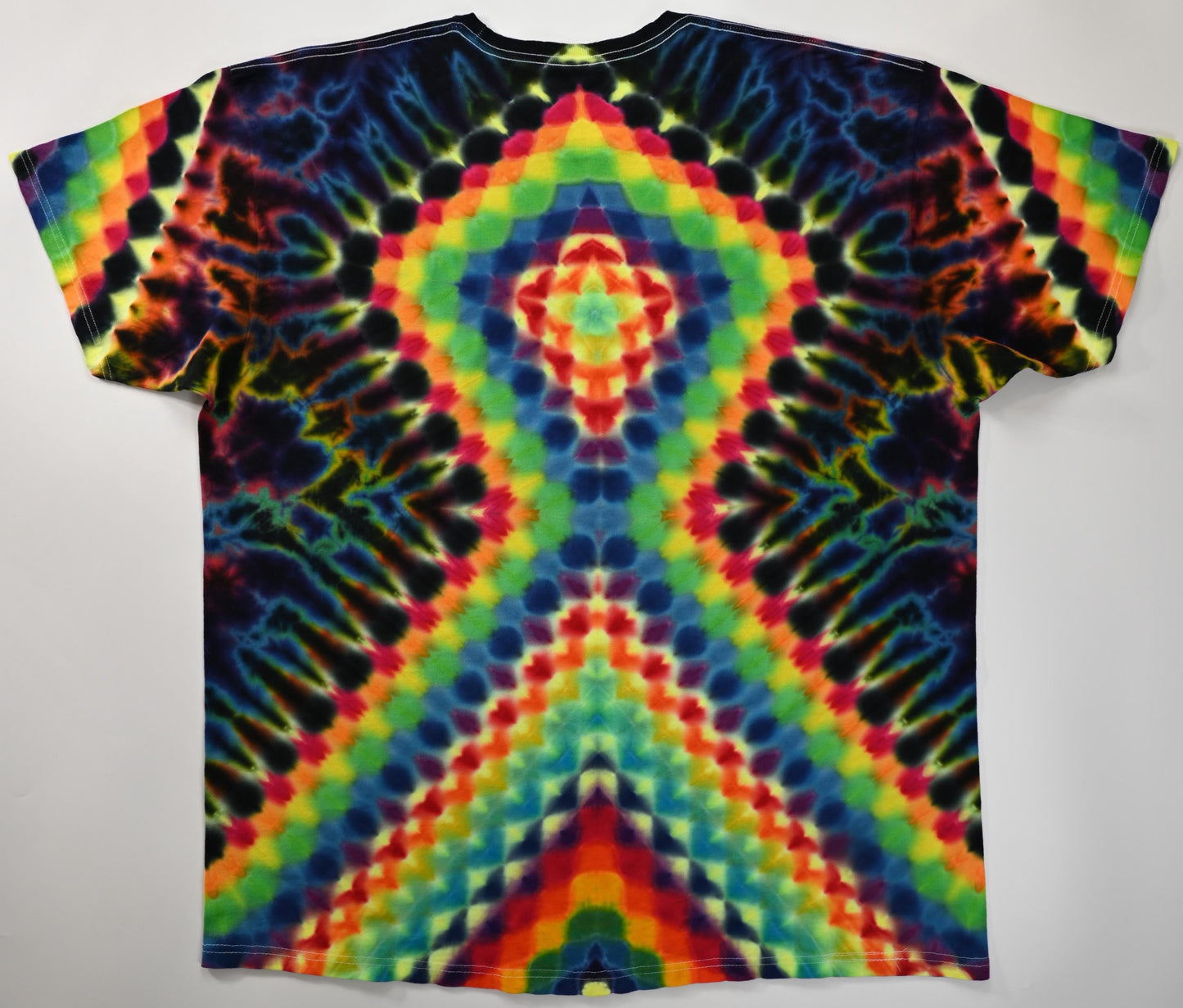 2X Heady UV Reactive 20Pt Mandala w/DNA Sunburst Cntr Frnt/Wrap Around Geometric Tower Bck/Triangle Slvs/Scrunch Tie Dye on a Tultex T-Shirt