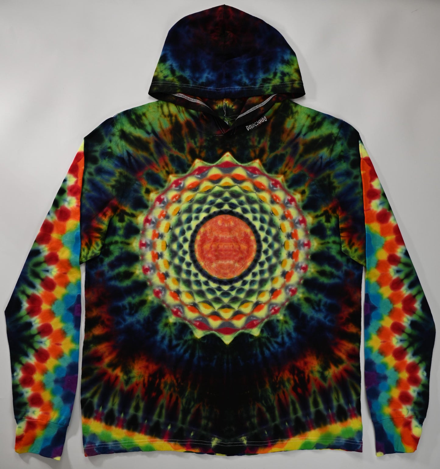 2X Heady UV Reactive 20Pt Mandala Cosmic Egg Cntr/Wrap Around Tower/ZigZag Honeycomb Slvs/Hexagram Hood/Scrunch Tie Dye  Lng-Slv Hoodie*