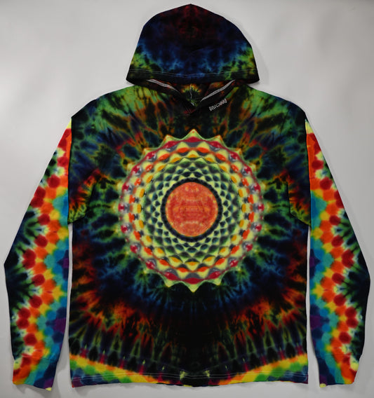 2X Heady UV Reactive 20Pt Mandala Cosmic Egg Cntr/Wrap Around Tower/ZigZag Honeycomb Slvs/Hexagram Hood/Scrunch Tie Dye  Lng-Slv Hoodie*