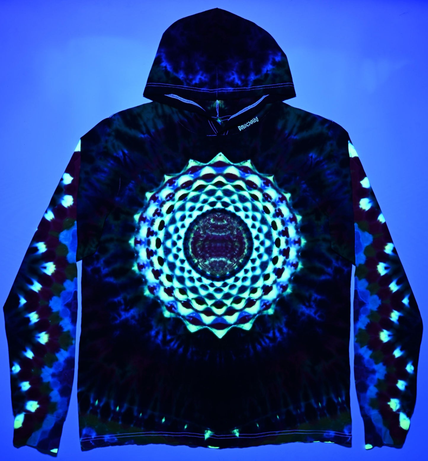2X Heady UV Reactive 20Pt Mandala Cosmic Egg Cntr/Wrap Around Tower/ZigZag Honeycomb Slvs/Hexagram Hood/Scrunch Tie Dye  Lng-Slv Hoodie*