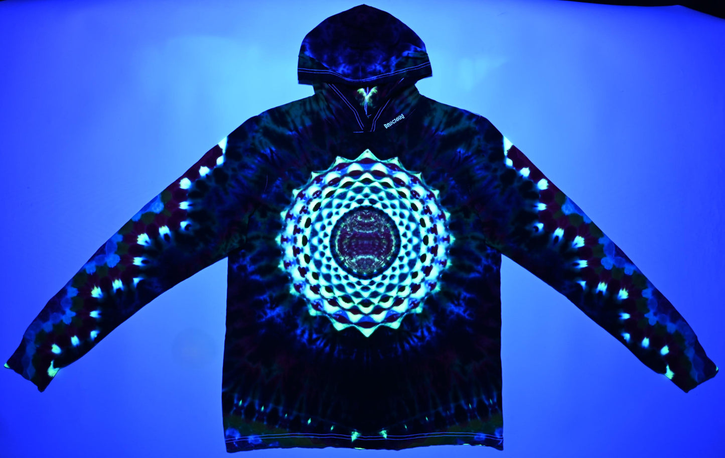 2X Heady UV Reactive 20Pt Mandala Cosmic Egg Cntr/Wrap Around Tower/ZigZag Honeycomb Slvs/Hexagram Hood/Scrunch Tie Dye  Lng-Slv Hoodie*