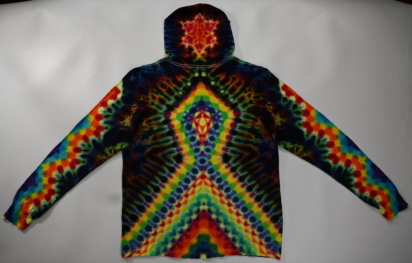 2X Heady UV Reactive 20Pt Mandala Cosmic Egg Cntr/Wrap Around Tower/ZigZag Honeycomb Slvs/Hexagram Hood/Scrunch Tie Dye  Lng-Slv Hoodie*