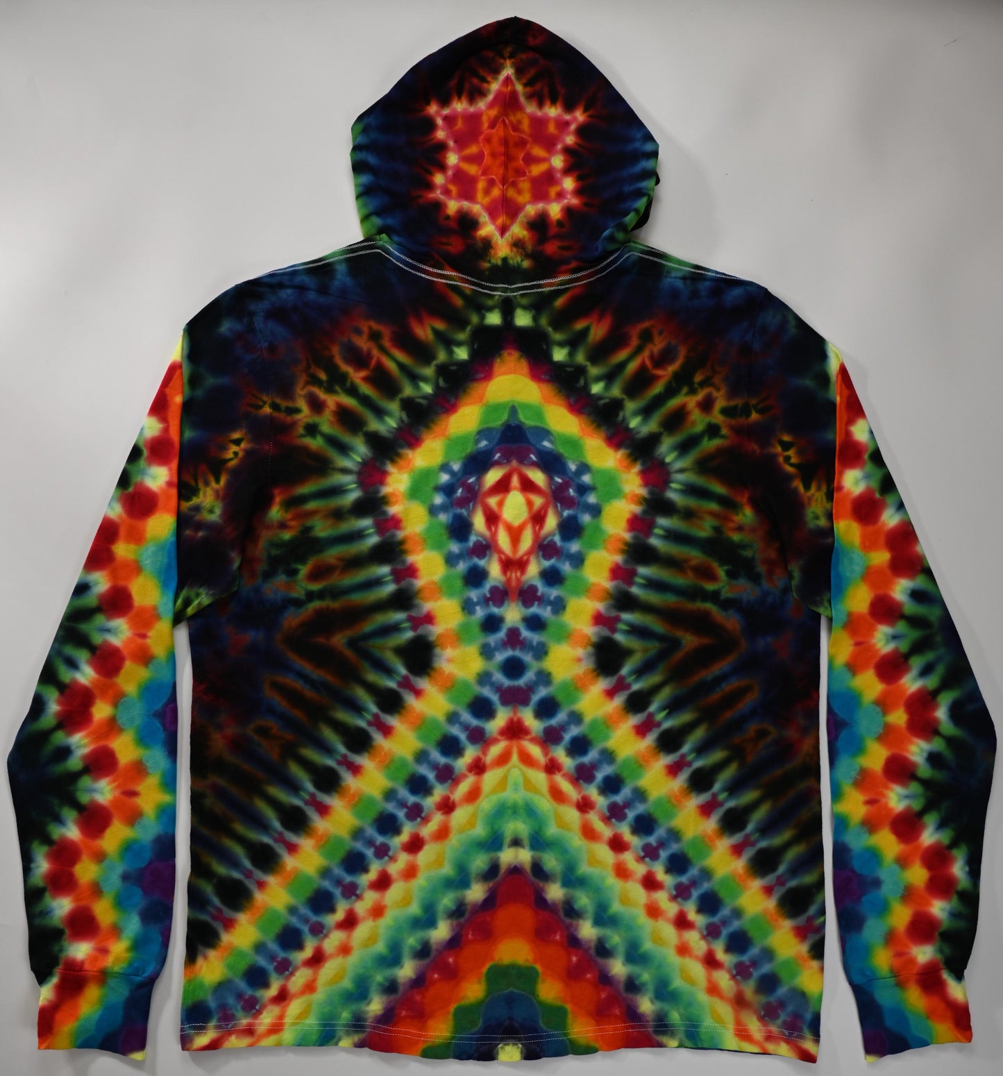 2X Heady UV Reactive 20Pt Mandala Cosmic Egg Cntr/Wrap Around Tower/ZigZag Honeycomb Slvs/Hexagram Hood/Scrunch Tie Dye  Lng-Slv Hoodie*