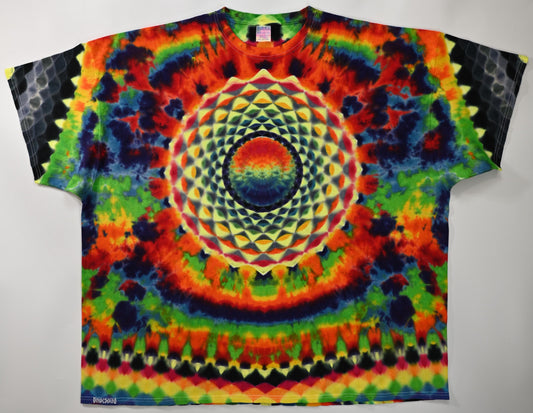 5X Mega-Heady UV Reactive 20Pt Mandala w/Ripple Cntr Frnt/Wrap Around Geometric Tower Bck/Triangle Honeycomb Slvs/Scrunch Tie Dye T-Shirt