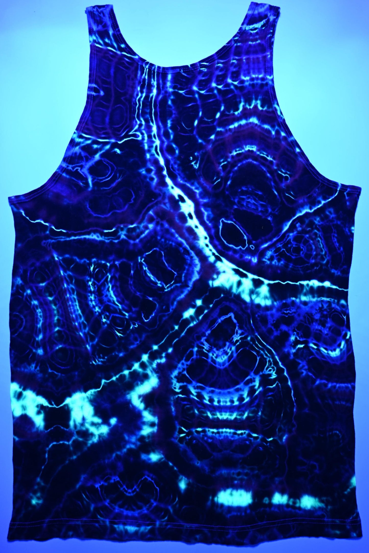 Large UV Reactive Cosmic Egg/Geode Hybrid Tie Dye in my Neon Vortex Palette on a Tultex 105 Ringspun Cotton Tank Top