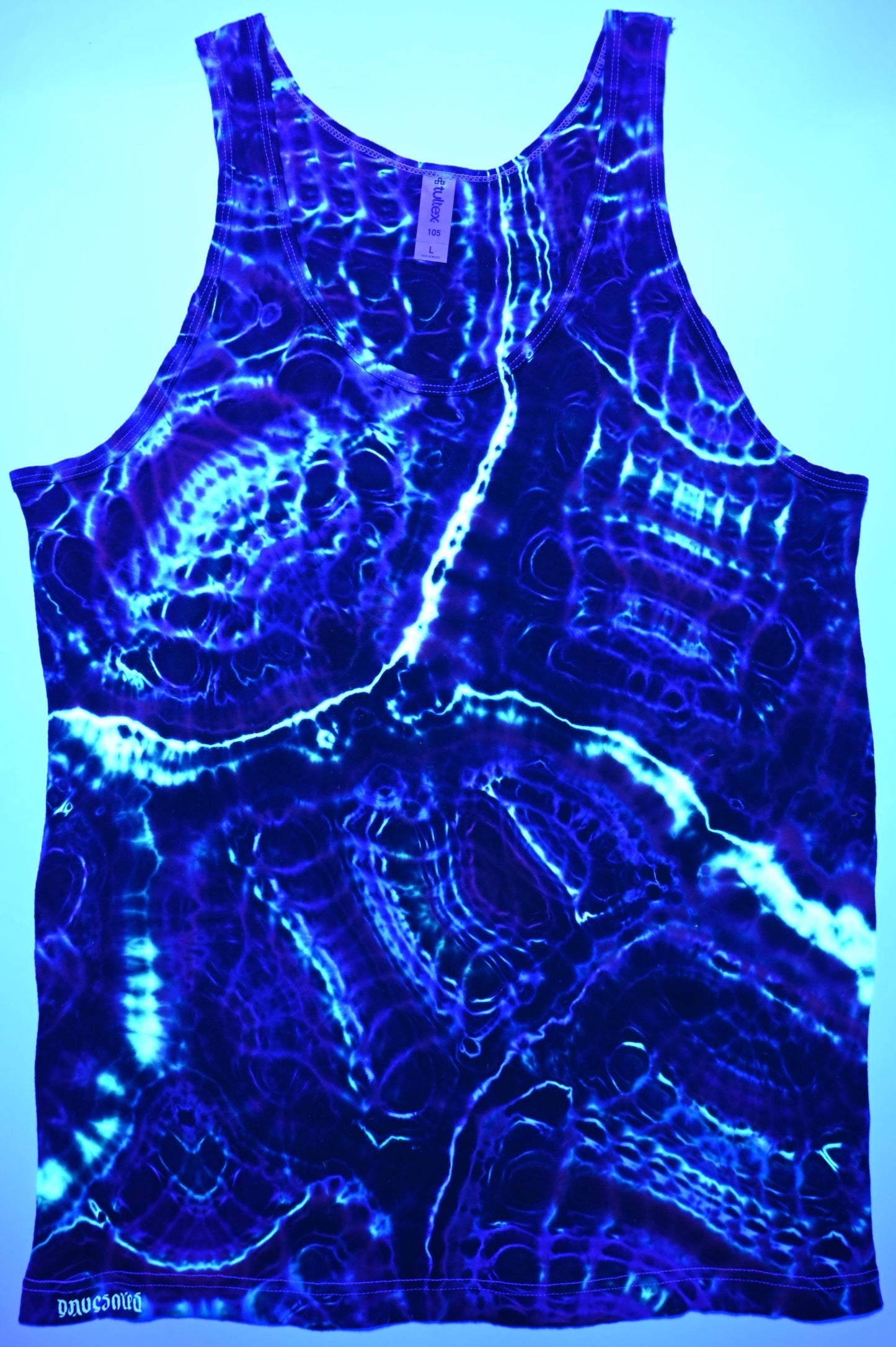 Large UV Reactive Cosmic Egg/Geode Hybrid Tie Dye in my Neon Vortex Palette on a Tultex 105 Ringspun Cotton Tank Top