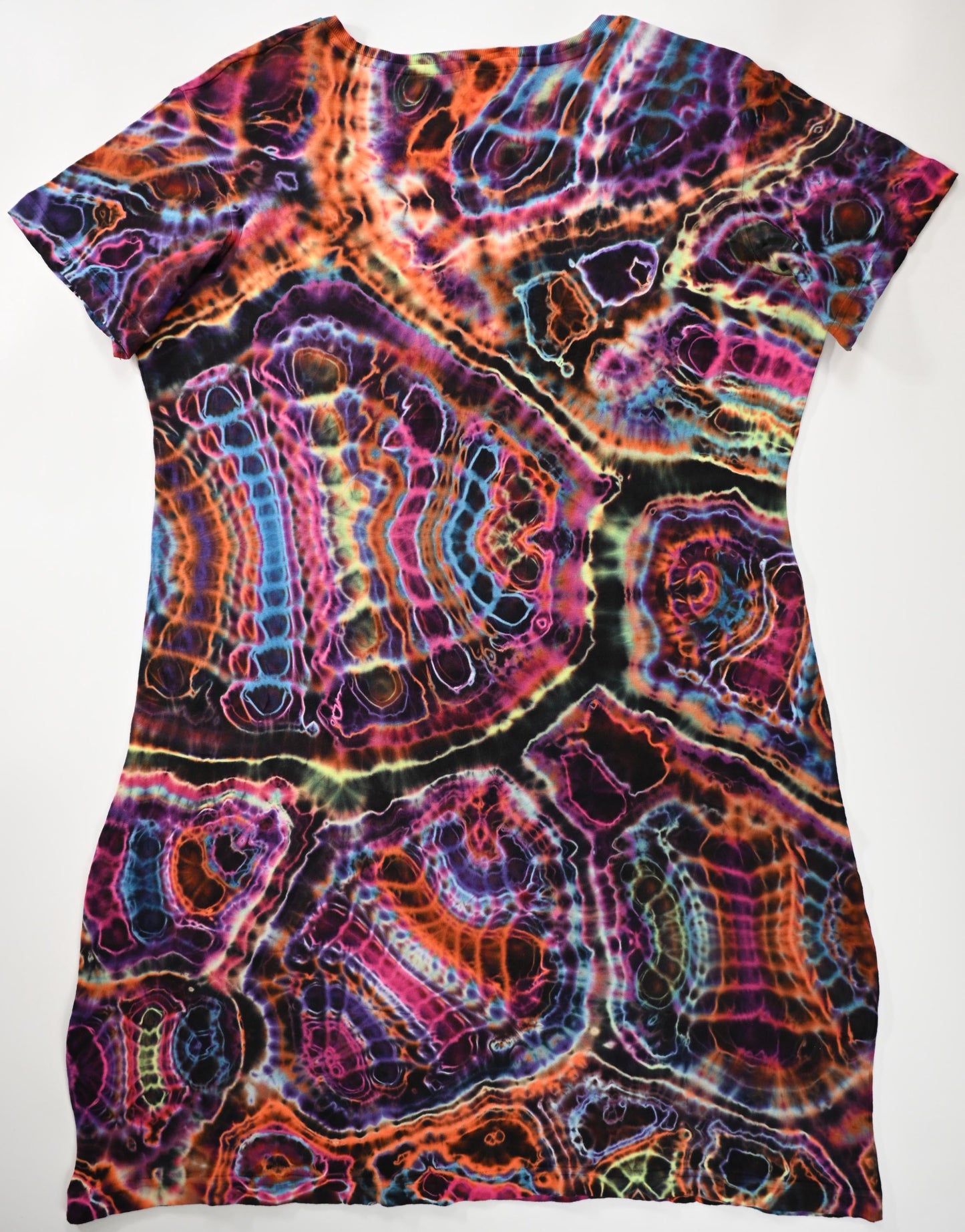 Ladies L/XL Cosmic Egg/Geode Hybrid Tie Dye Using My "Neon Vortex" Color Palette on a LAT V-Neck Cotton Cover Up Dress