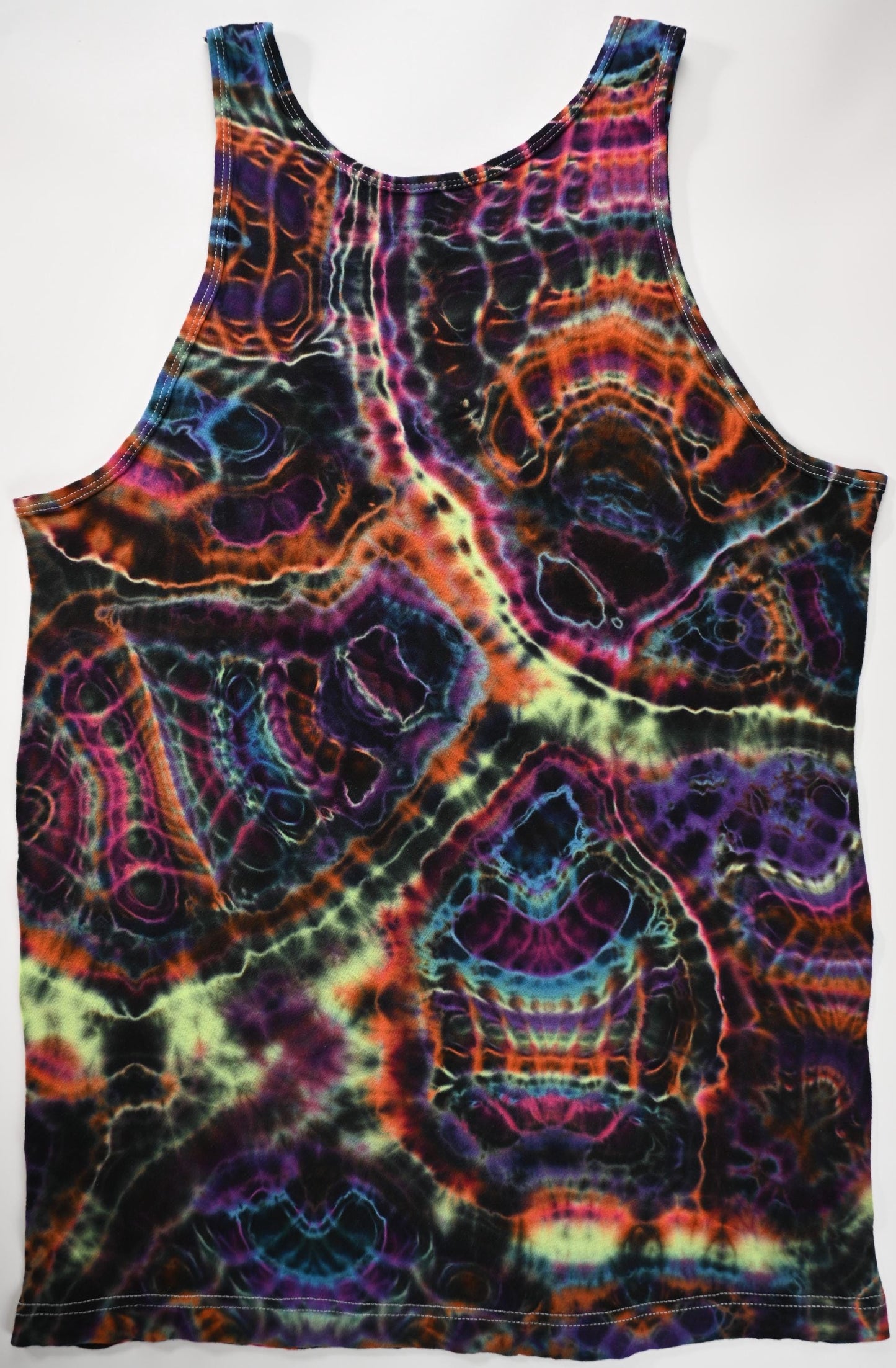 Large UV Reactive Cosmic Egg/Geode Hybrid Tie Dye in my Neon Vortex Palette on a Tultex 105 Ringspun Cotton Tank Top