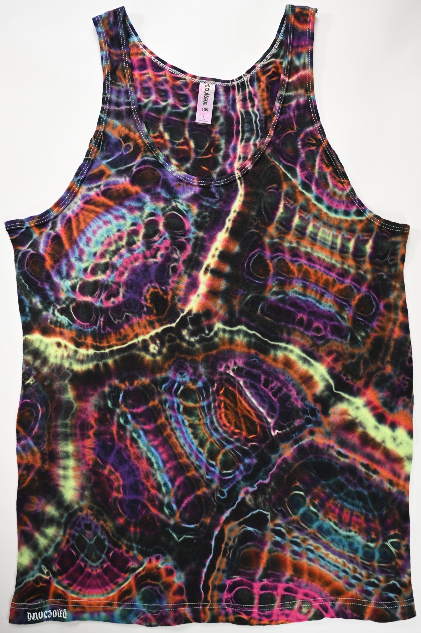 Large UV Reactive Cosmic Egg/Geode Hybrid Tie Dye in my Neon Vortex Palette on a Tultex 105 Ringspun Cotton Tank Top