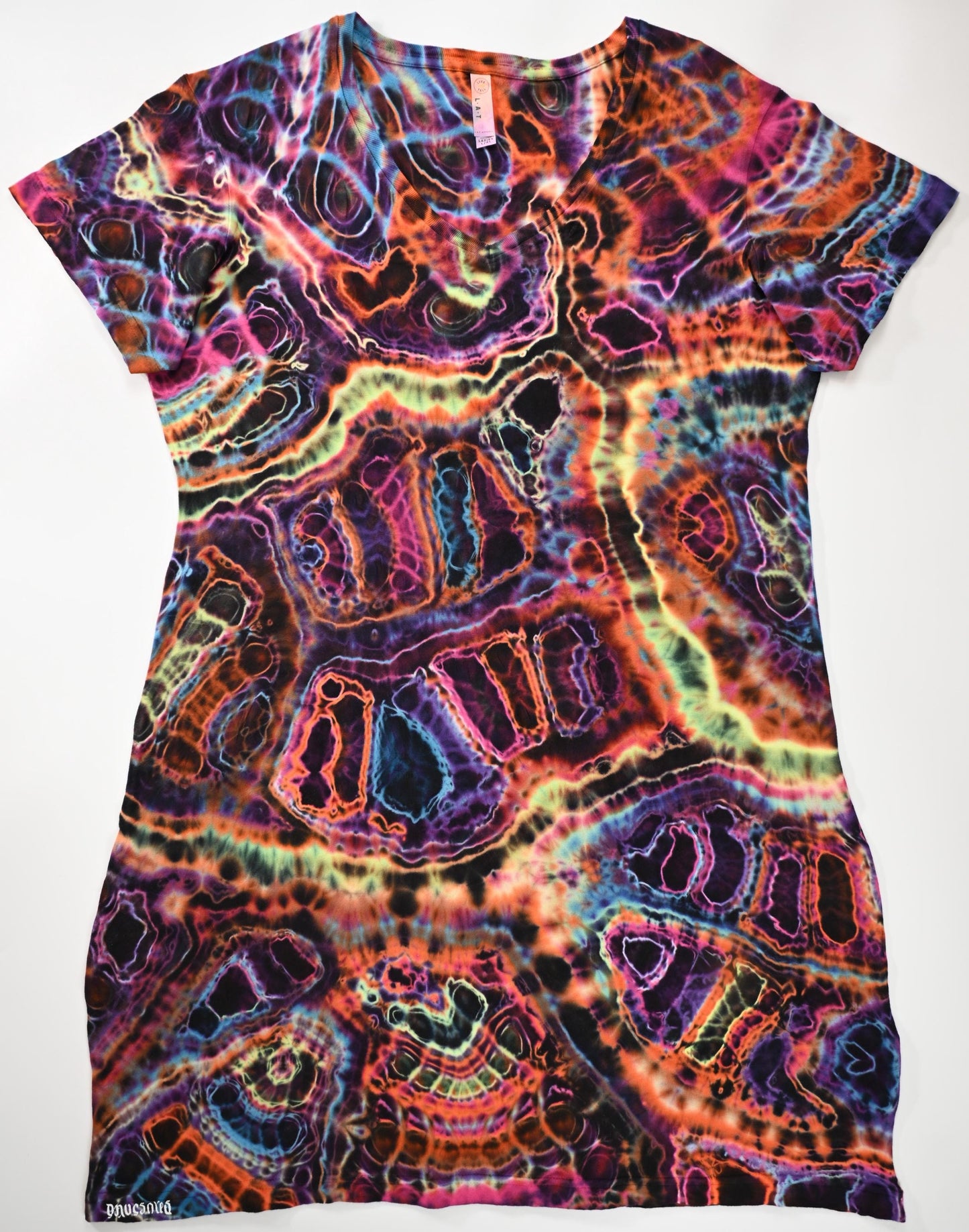 Ladies L/XL Cosmic Egg/Geode Hybrid Tie Dye Using My "Neon Vortex" Color Palette on a LAT V-Neck Cotton Cover Up Dress