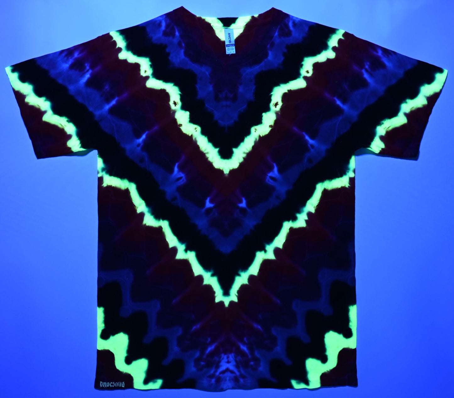 Large UV Reactive Wave Variant Tie Dye in my Neon Vortex Palette on a Gildan Ultra Cotton PFD (Prepared for Dye) T-Shirt