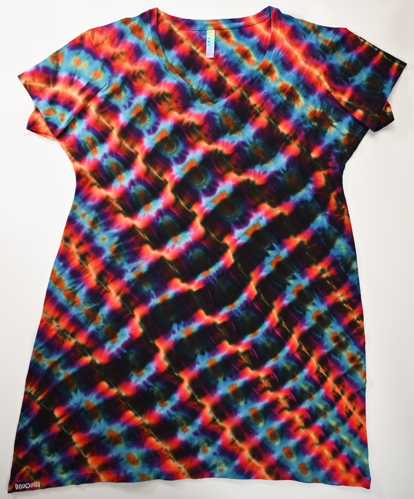 Ladies 2X/3X Subtle UV Reactive Highlights Cosmic Roll Tie Dye in my Neon Vortex Palette on a LAT V-Neck Cotton Cover Up Dress