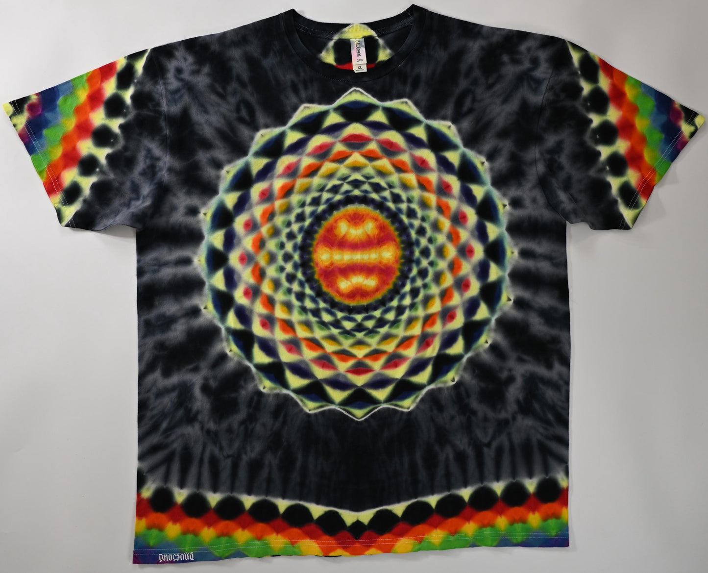 XL Heady UV Reactive 20Pt Mandala w/ Fiery Cosmic Egg Center Frnt/Wrap Around Geometric Tower Bck/Triangle Slvs/Scrunch Tie Dye T-Shirt