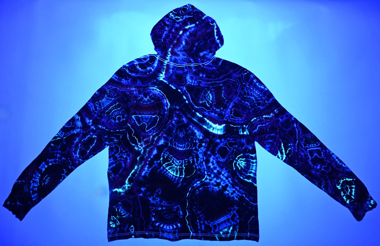 2X UV Reactive Cosmic Egg/Geode Hybrid Tie Dye in my Neon Vortex Palette on a Bella + Canvas 3512 Unisex Jersey Long-Sleeve Hoodie