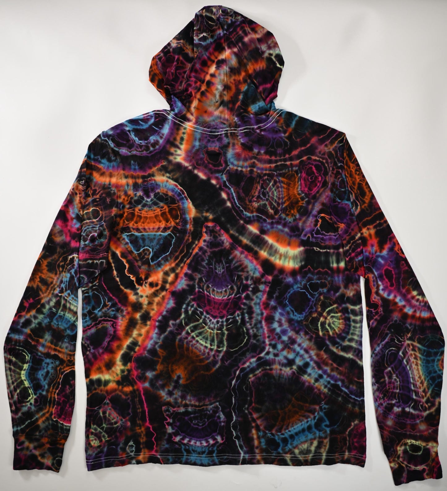2X UV Reactive Cosmic Egg/Geode Hybrid Tie Dye in my Neon Vortex Palette on a Bella + Canvas 3512 Unisex Jersey Long-Sleeve Hoodie