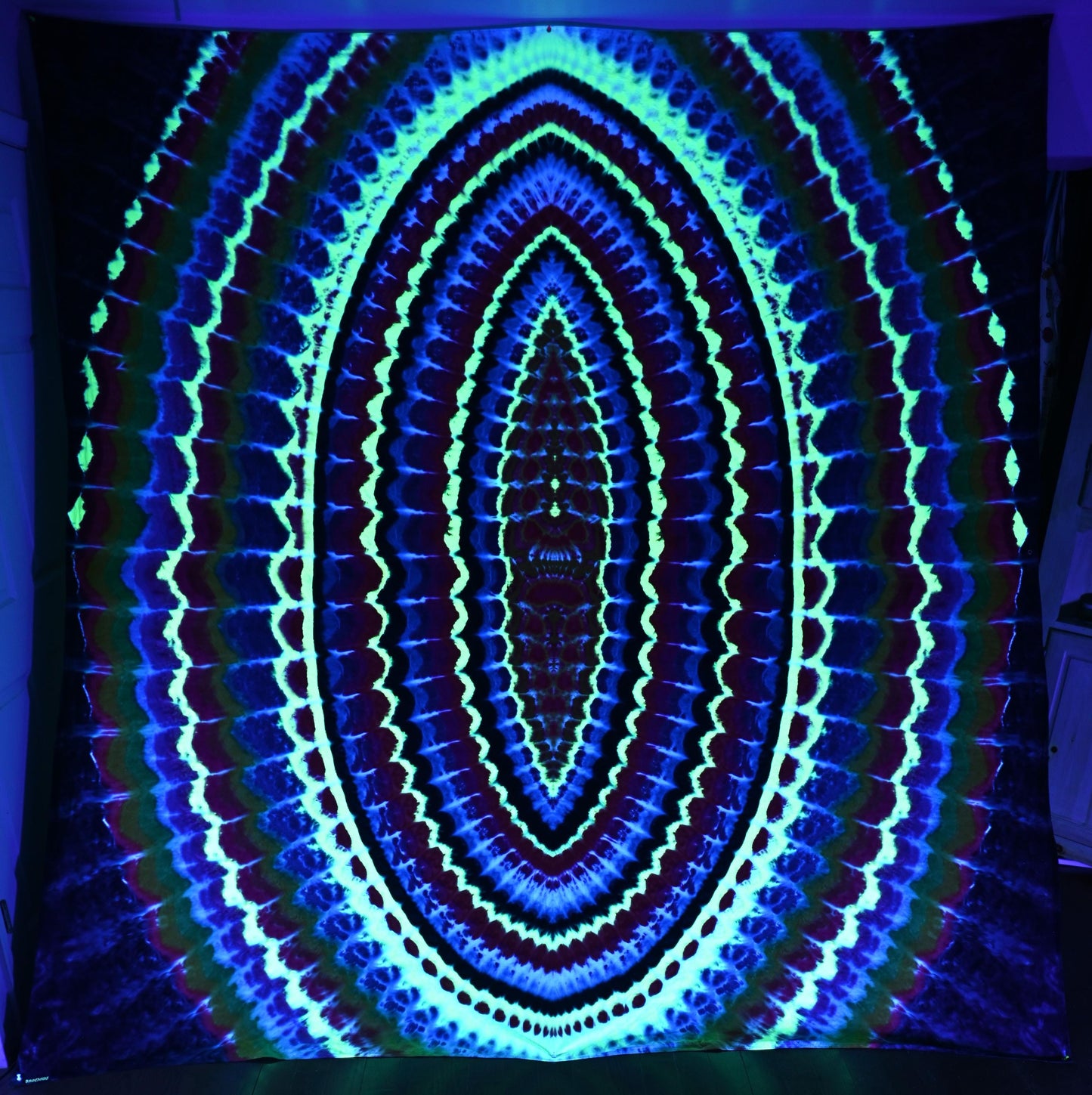 101.5"X103.75" (approx) UV Reactive Wavy Portal w/ Flickering Inferno Cosmic Egg Center Tie Dye on a Piece of Combed Cotton Fabric