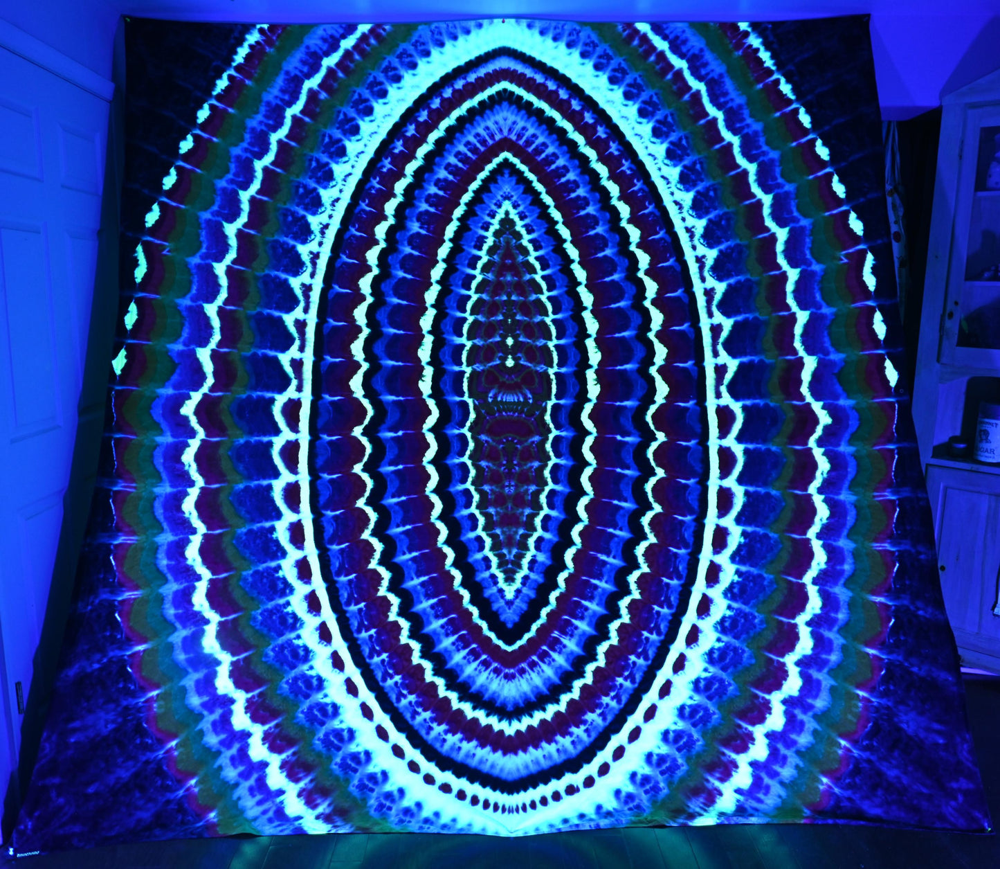 101.5"X103.75" (approx) UV Reactive Wavy Portal w/ Flickering Inferno Cosmic Egg Center Tie Dye on a Piece of Combed Cotton Fabric