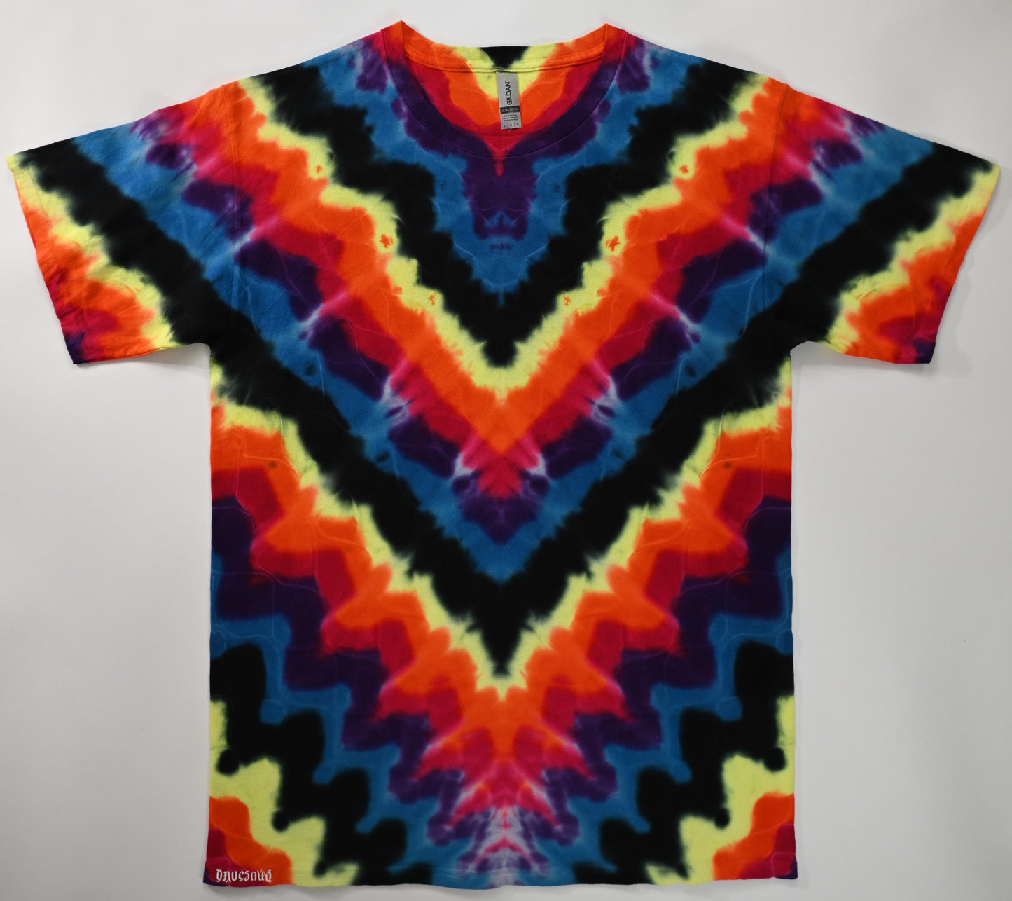 Large UV Reactive Wave Variant Tie Dye in my Neon Vortex Palette on a Gildan Ultra Cotton PFD (Prepared for Dye) T-Shirt