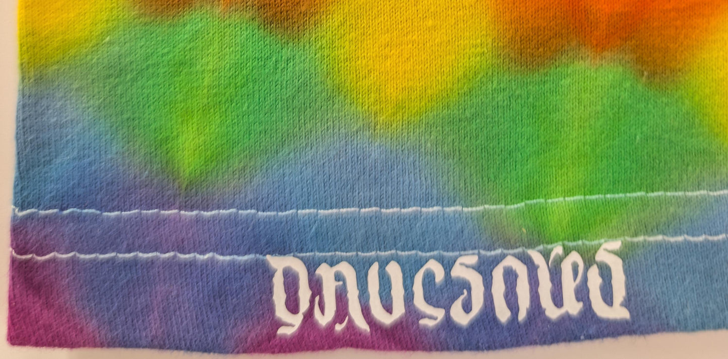 XL Heady UV Reactive 20Pt Mandala w/ Fiery Cosmic Egg Center Frnt/Wrap Around Geometric Tower Bck/Triangle Slvs/Scrunch Tie Dye T-Shirt