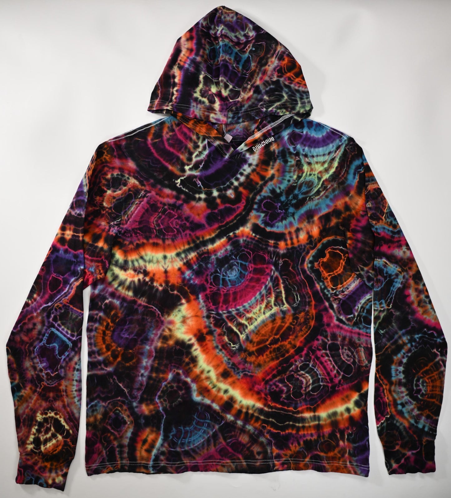 2X UV Reactive Cosmic Egg/Geode Hybrid Tie Dye in my Neon Vortex Palette on a Bella + Canvas 3512 Unisex Jersey Long-Sleeve Hoodie