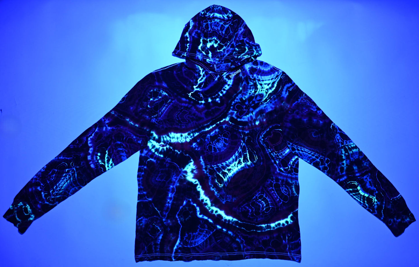 2X UV Reactive Cosmic Egg/Geode Hybrid Tie Dye in my Neon Vortex Palette on a Bella + Canvas 3512 Unisex Jersey Long-Sleeve Hoodie