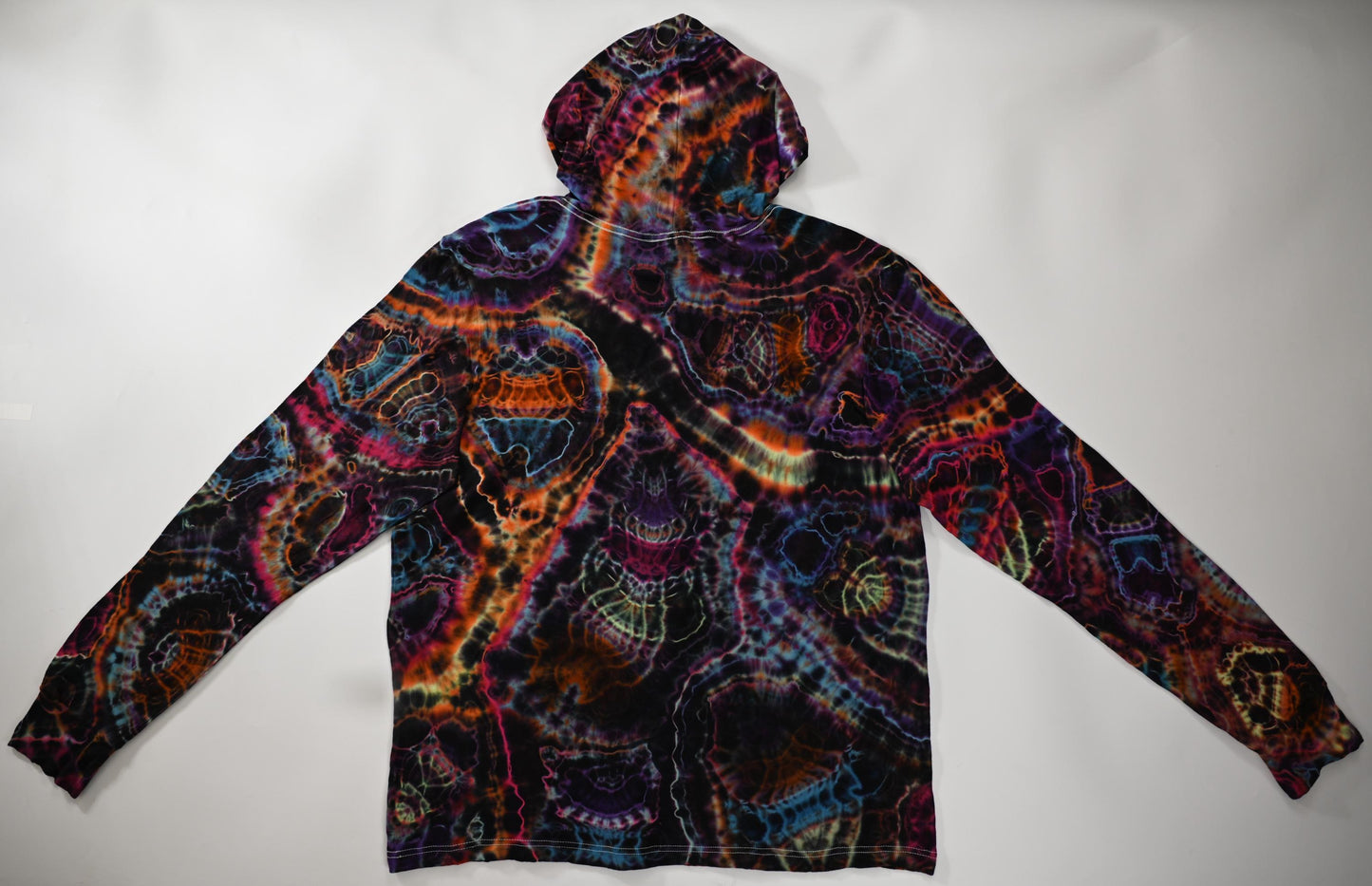 2X UV Reactive Cosmic Egg/Geode Hybrid Tie Dye in my Neon Vortex Palette on a Bella + Canvas 3512 Unisex Jersey Long-Sleeve Hoodie
