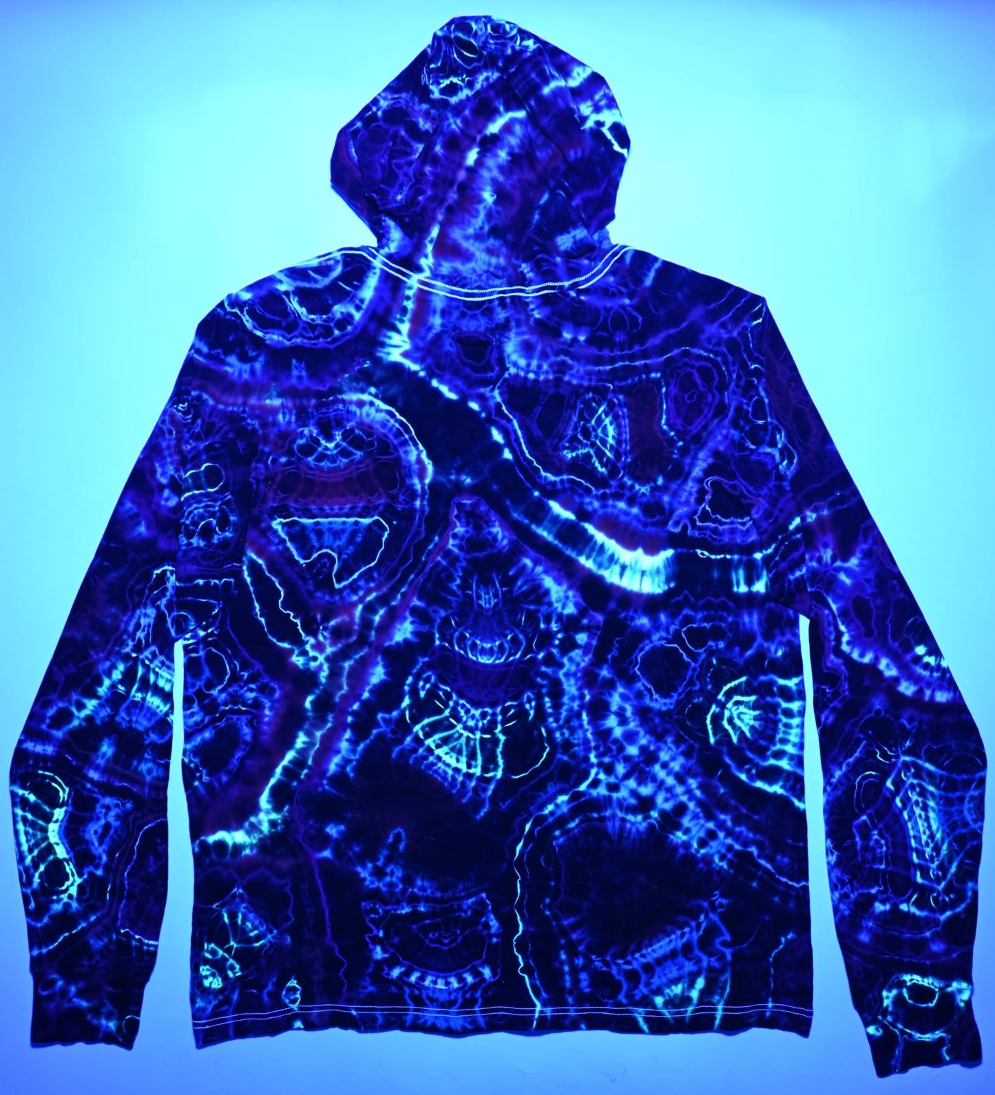 2X UV Reactive Cosmic Egg/Geode Hybrid Tie Dye in my Neon Vortex Palette on a Bella + Canvas 3512 Unisex Jersey Long-Sleeve Hoodie
