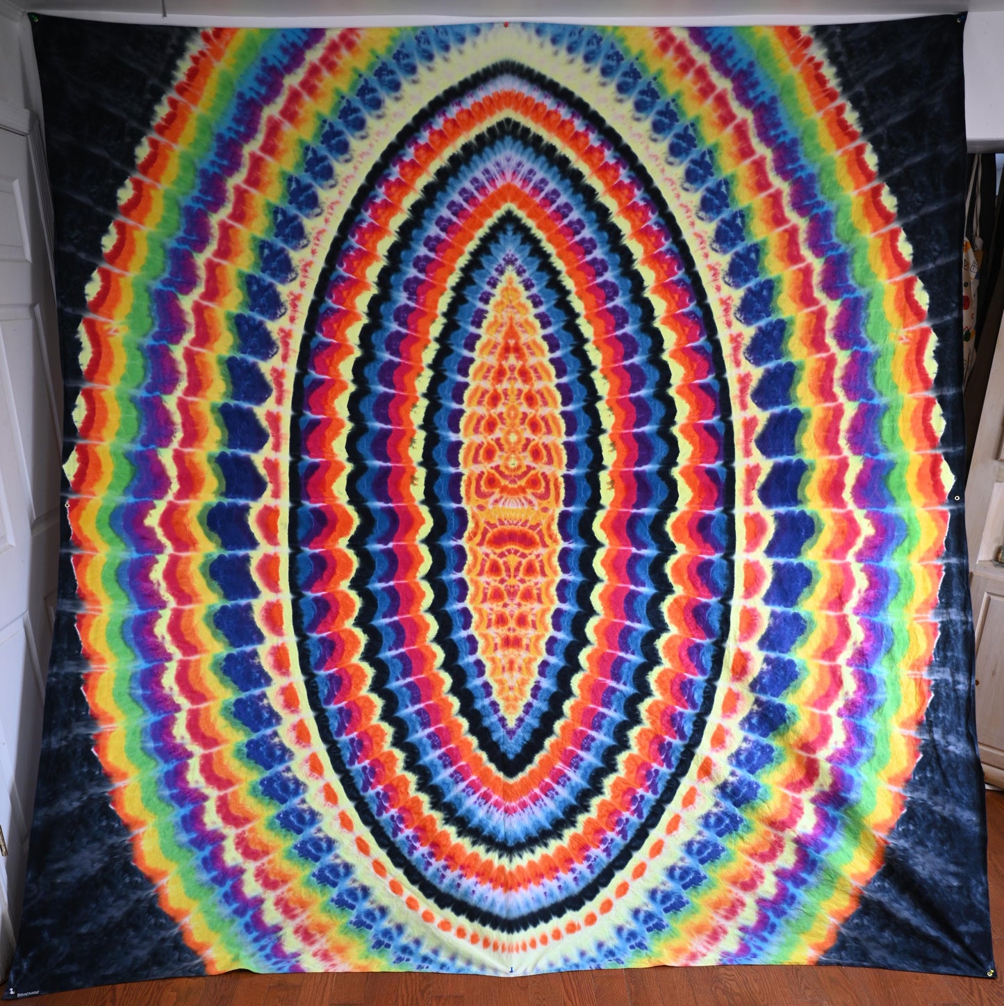 101.5"X103.75" (approx) UV Reactive Wavy Portal w/ Flickering Inferno Cosmic Egg Center Tie Dye on a Piece of Combed Cotton Fabric