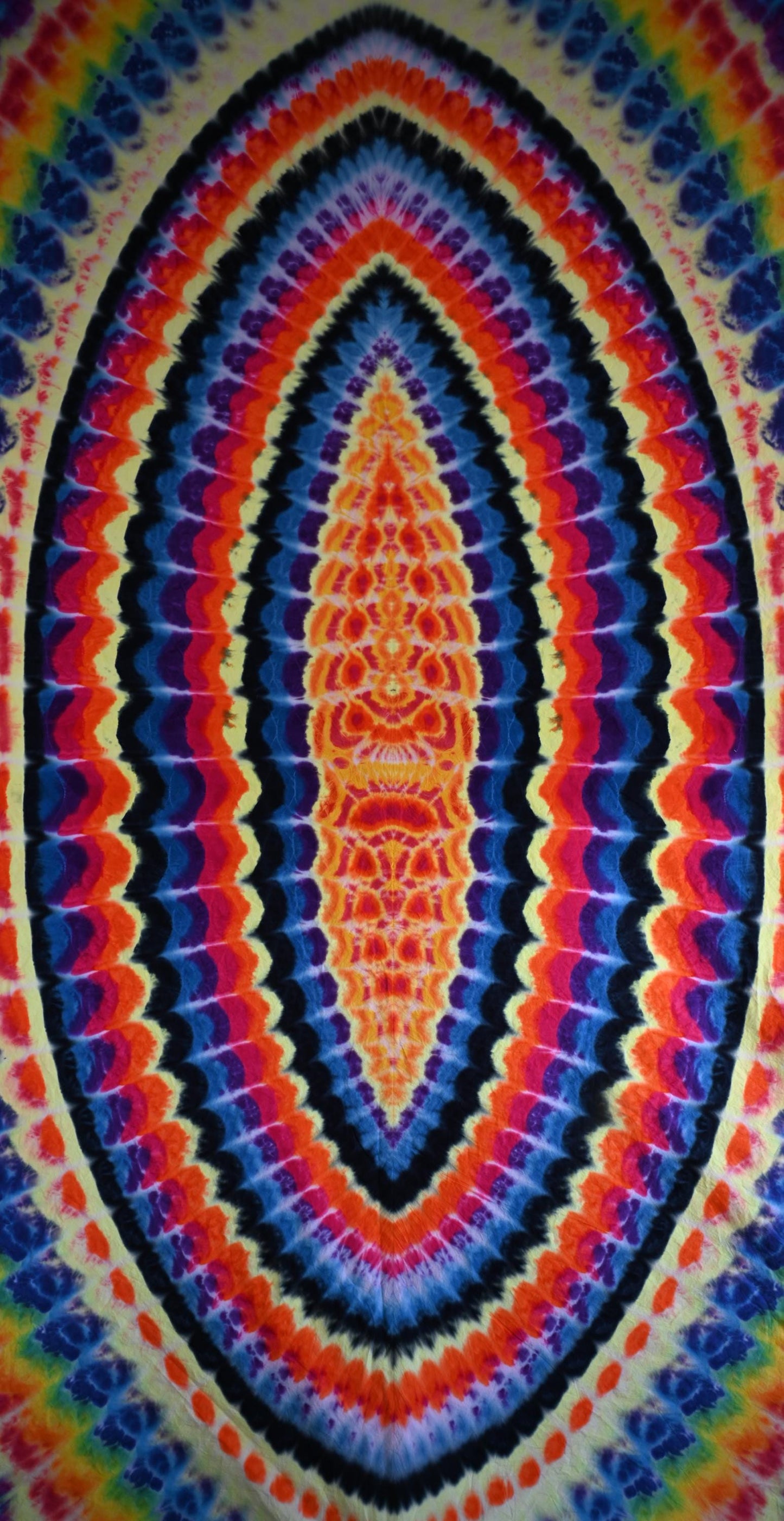 101.5"X103.75" (approx) UV Reactive Wavy Portal w/ Flickering Inferno Cosmic Egg Center Tie Dye on a Piece of Combed Cotton Fabric
