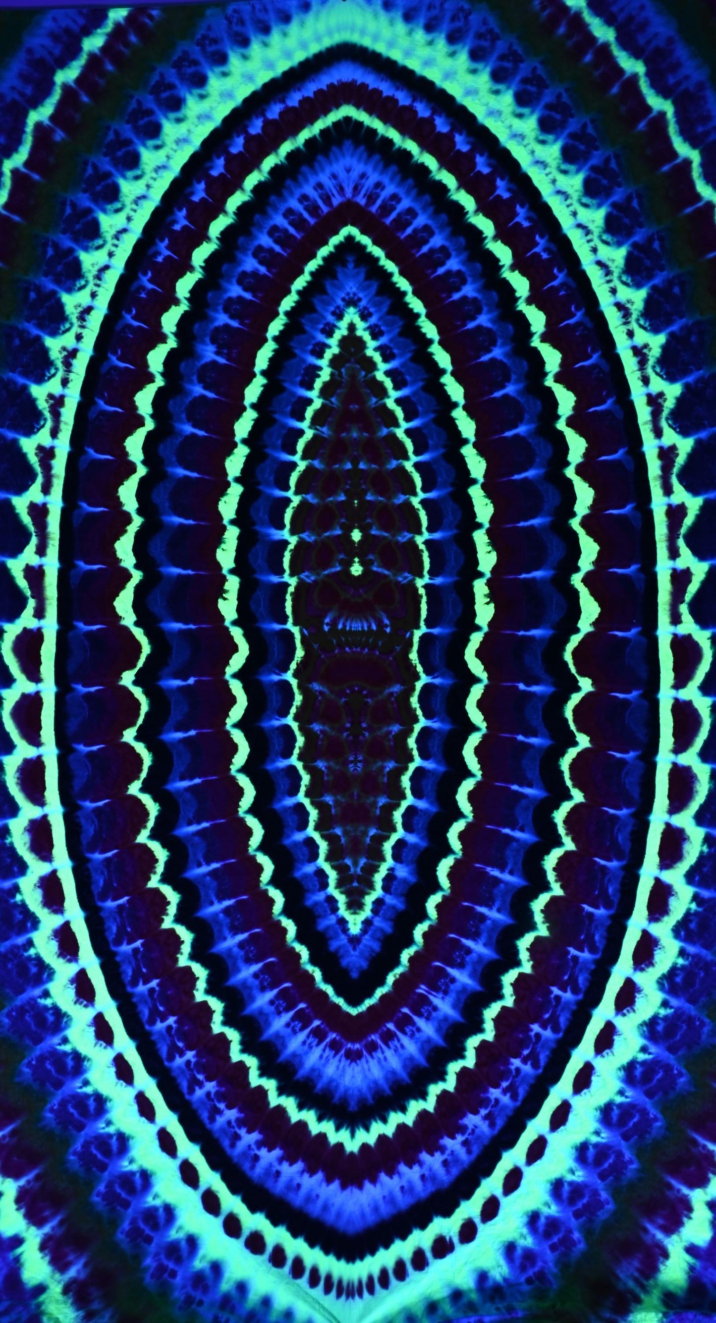 101.5"X103.75" (approx) UV Reactive Wavy Portal w/ Flickering Inferno Cosmic Egg Center Tie Dye on a Piece of Combed Cotton Fabric