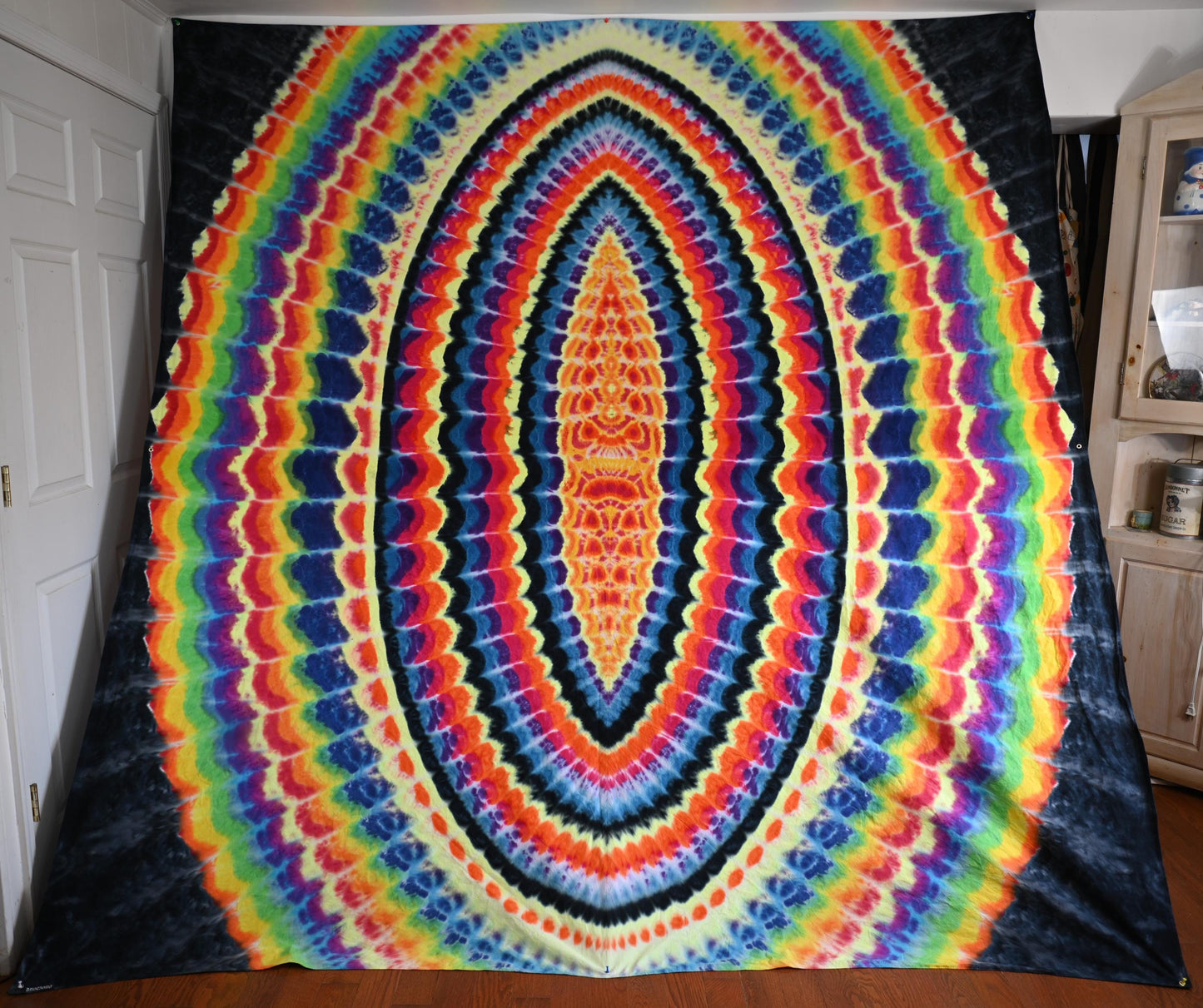 101.5"X103.75" (approx) UV Reactive Wavy Portal w/ Flickering Inferno Cosmic Egg Center Tie Dye on a Piece of Combed Cotton Fabric