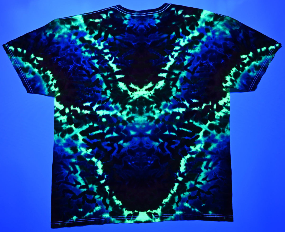 XL UV Reactive (Psychedelic Sunshine + a Mixed Bright Green) Rainbow Rorschach Scrunch Tie Dye on a Tultex 290 Ringspun Cotton Shirt