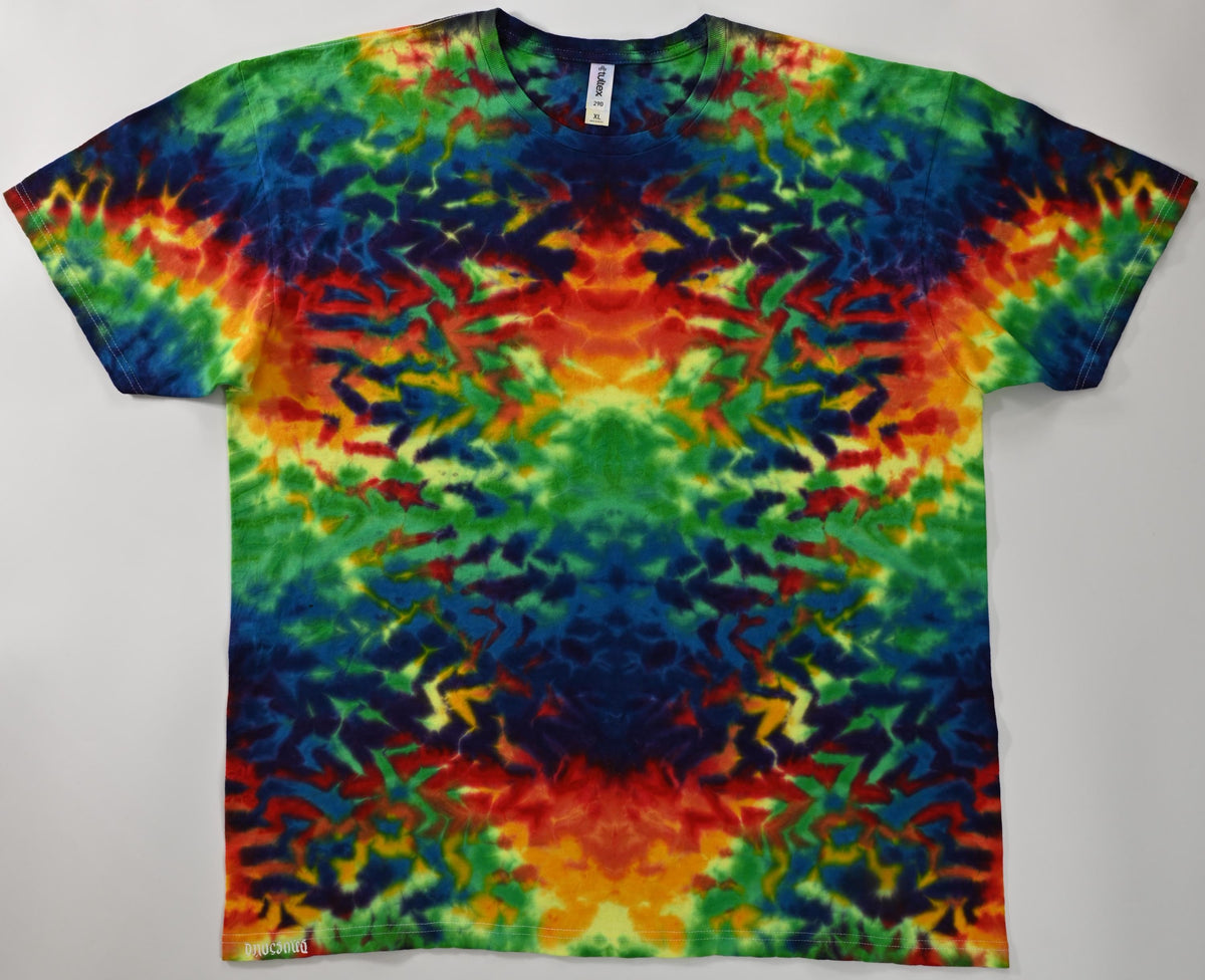 XL UV Reactive (Psychedelic Sunshine + a Mixed Bright Green) Rainbow Rorschach Scrunch Tie Dye on a Tultex 290 Ringspun Cotton Shirt